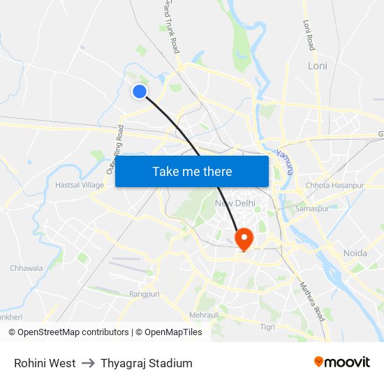 Rohini West to Thyagraj Stadium map