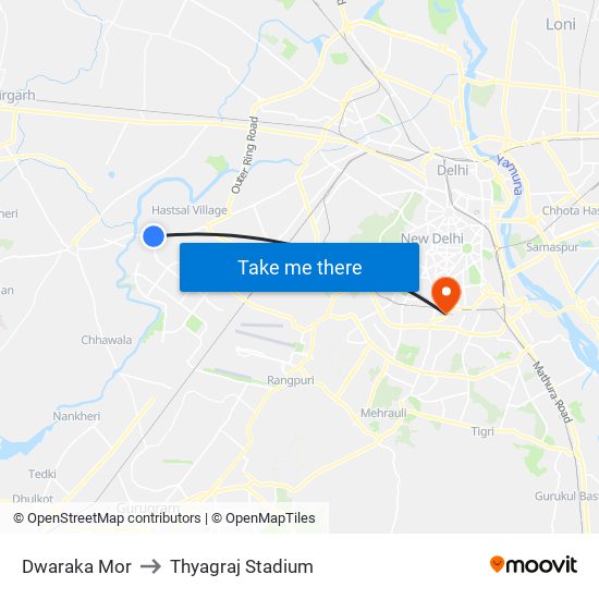 Dwaraka Mor to Thyagraj Stadium map