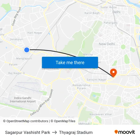 Sagarpur Vashisht Park to Thyagraj Stadium map