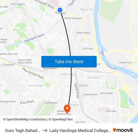 Guru Tegh Bahadur Nagar to Lady Hardinge Medical College And Hospital map