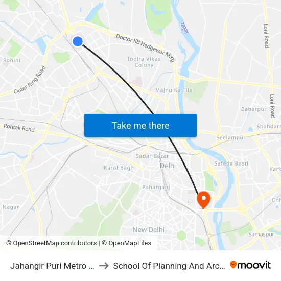 Jahangir Puri Metro Station to School Of Planning And Architecture map