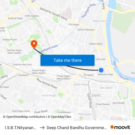 I.S.B.T.Nityanand Marg to Deep Chand Bandhu Government Hospital map
