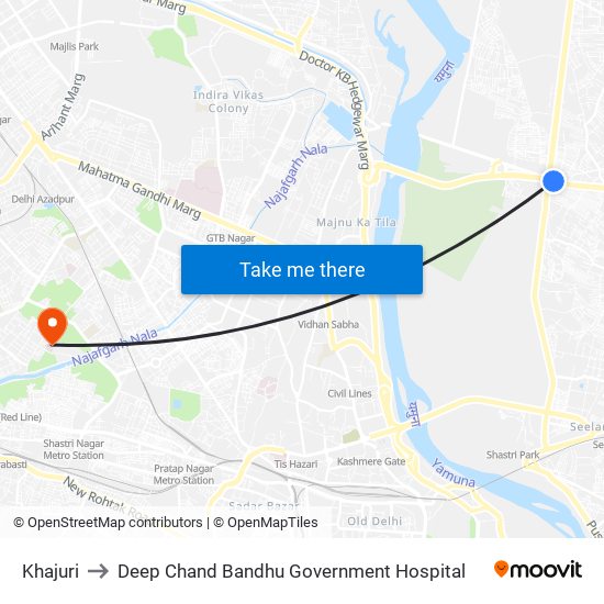 Khajuri to Deep Chand Bandhu Government Hospital map