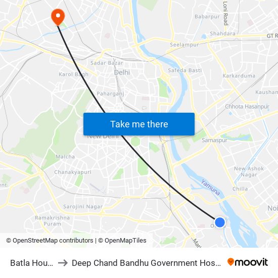 Batla House to Deep Chand Bandhu Government Hospital map