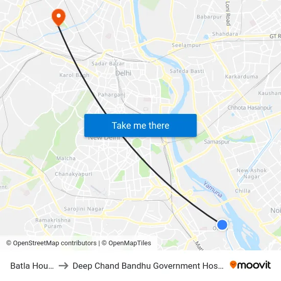Batla House to Deep Chand Bandhu Government Hospital map