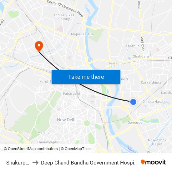 Shakarpur to Deep Chand Bandhu Government Hospital map