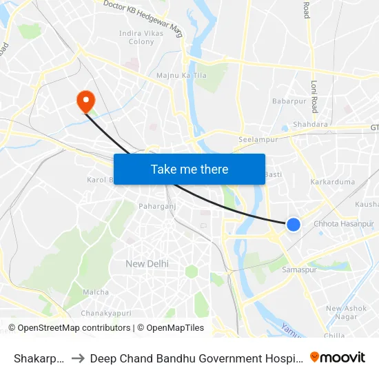 शकरपुर to दीप चंद बंधु सरकारी अस्पताल map