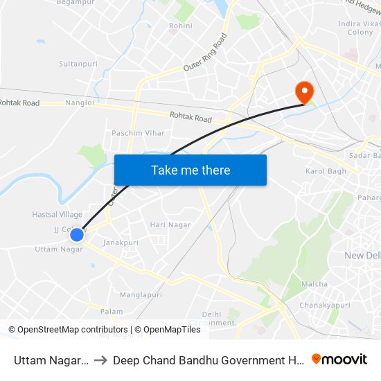 Uttam Nagar (T) to Deep Chand Bandhu Government Hospital map