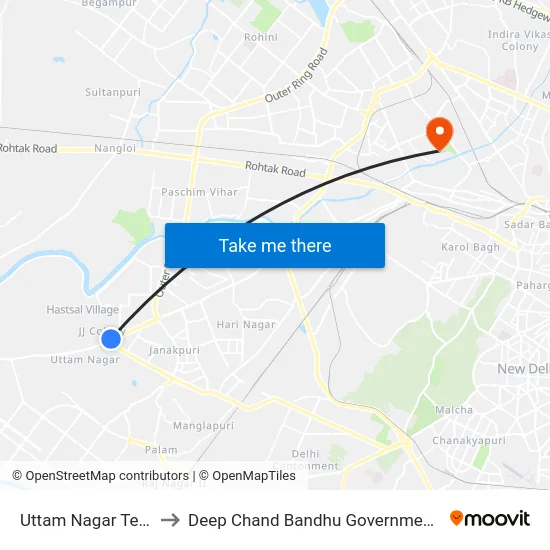 Uttam Nagar Terminal to Deep Chand Bandhu Government Hospital map