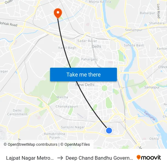 Lajpat Nagar Metro / लाजपत नगर to Deep Chand Bandhu Government Hospital map
