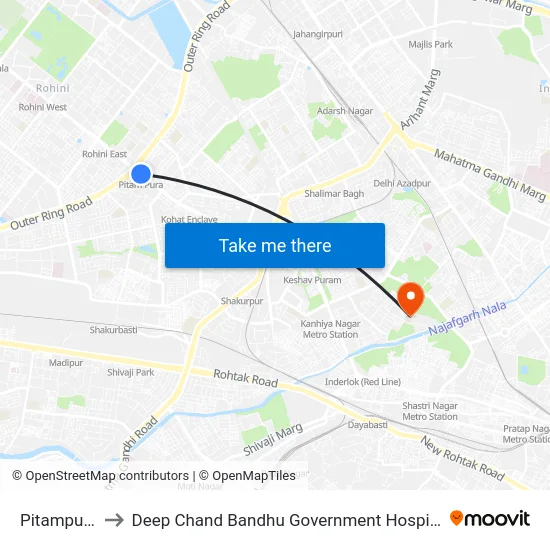 Pitampura to Deep Chand Bandhu Government Hospital map