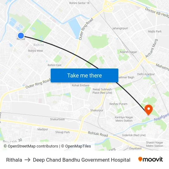 Rithala to Deep Chand Bandhu Government Hospital map