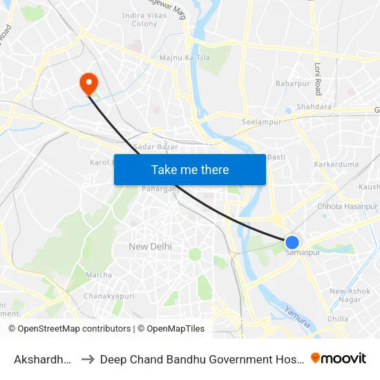 Akshardham to Deep Chand Bandhu Government Hospital map
