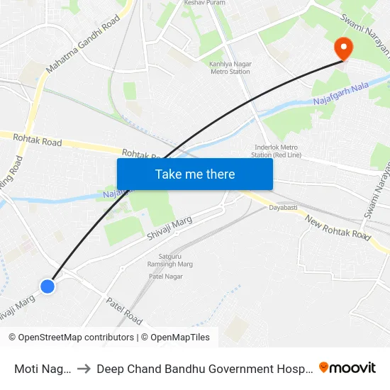 Moti Nagar to Deep Chand Bandhu Government Hospital map