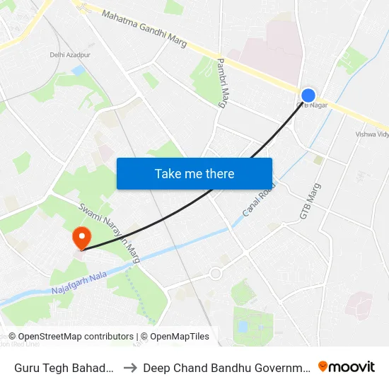 Guru Tegh Bahadur Nagar to Deep Chand Bandhu Government Hospital map