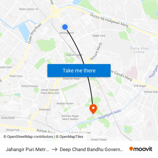 Jahangir Puri Metro Station to Deep Chand Bandhu Government Hospital map