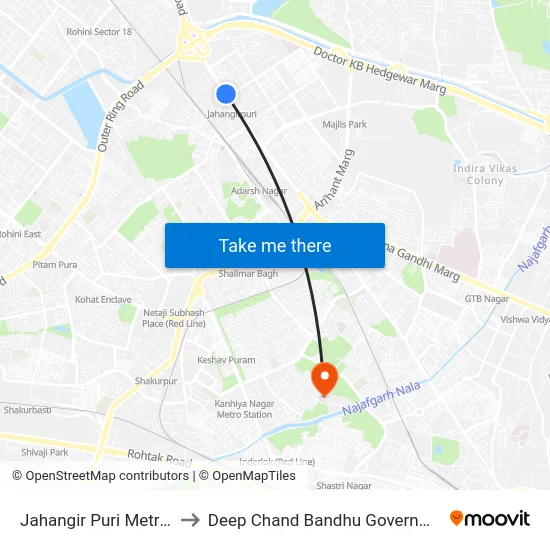 Jahangir Puri Metro Station to Deep Chand Bandhu Government Hospital map