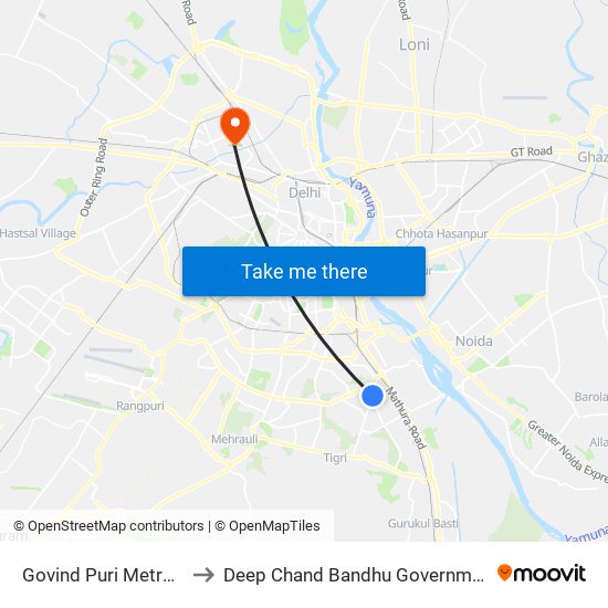 Govind Puri Metro Station to Deep Chand Bandhu Government Hospital map