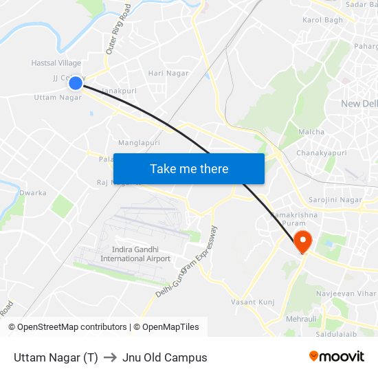 Uttam Nagar (T) to Jnu Old Campus map