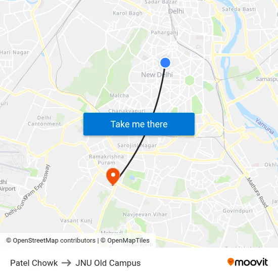 Patel Chowk to JNU Old Campus map