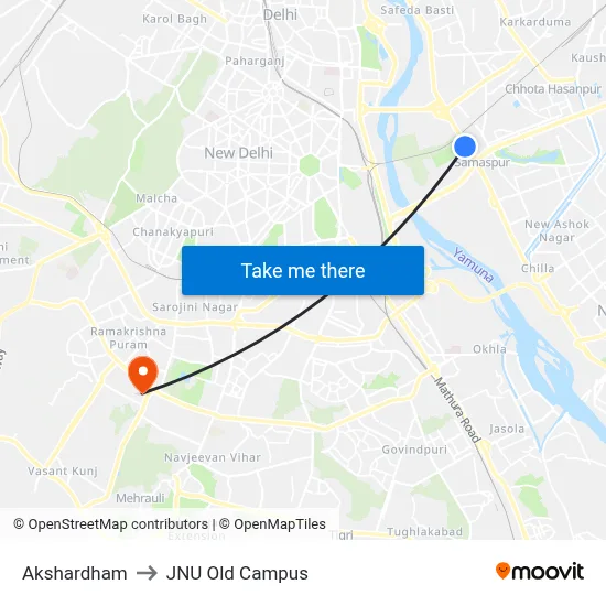 Akshardham to JNU Old Campus map