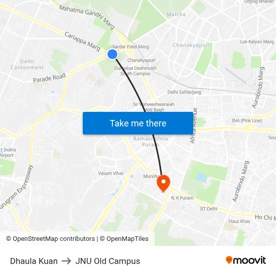 Dhaula Kuan to JNU Old Campus map