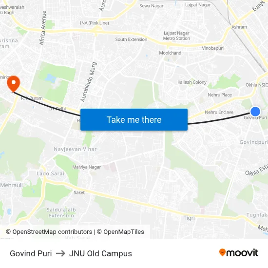 Govind Puri to JNU Old Campus map