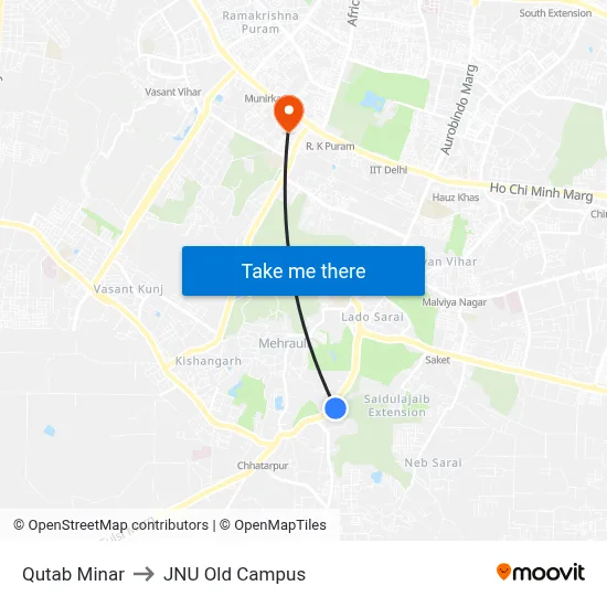 Qutab Minar to JNU Old Campus map