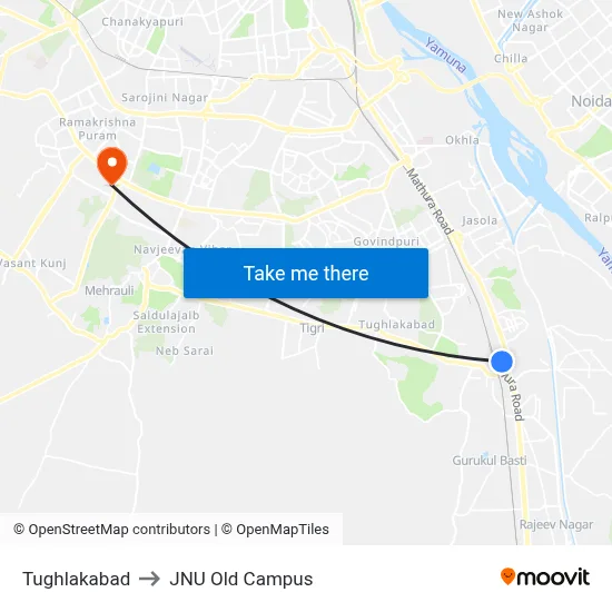 Tughlakabad to JNU Old Campus map