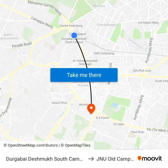 Durgabai Deshmukh South Campus to JNU Old Campus map