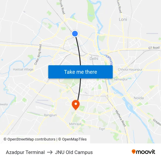 Azadpur Terminal to JNU Old Campus map