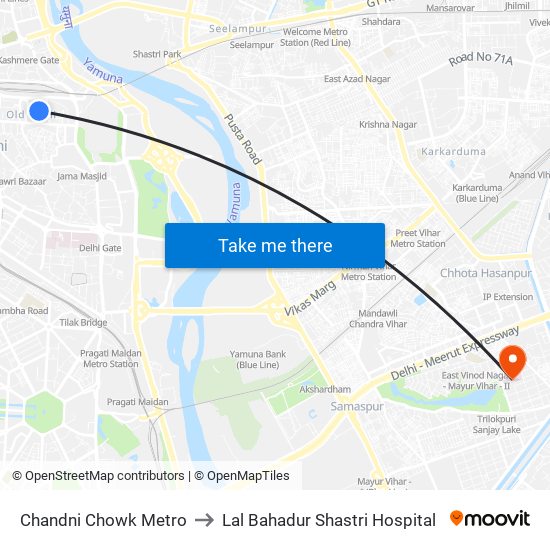 Chandni Chowk Metro to Lal Bahadur Shastri Hospital map