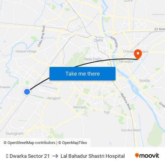 ✈ Dwarka Sector 21 to Lal Bahadur Shastri Hospital map