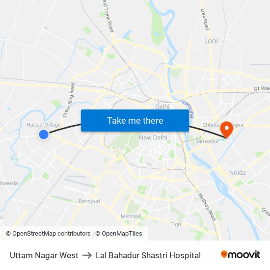 Uttam Nagar West to Lal Bahadur Shastri Hospital map