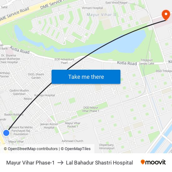 Mayur Vihar Phase-1 to Lal Bahadur Shastri Hospital map