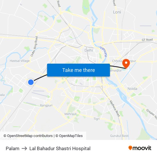 Palam to Lal Bahadur Shastri Hospital map