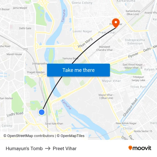 Humayun's Tomb to Preet Vihar map