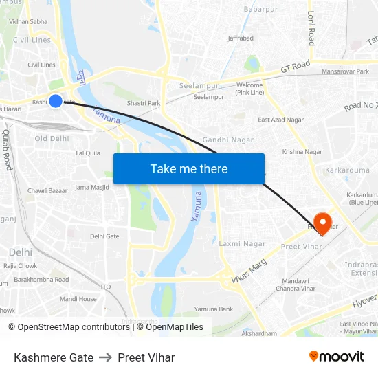 Kashmere Gate to Preet Vihar map