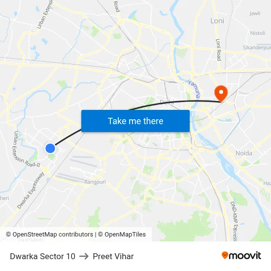 Dwarka Sector 10 to Preet Vihar map