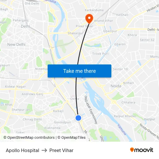 Apollo Hospital to Preet Vihar map