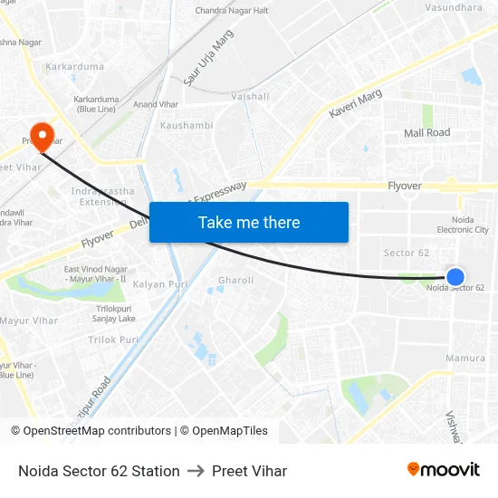 Noida Sector 62 Station to Preet Vihar map