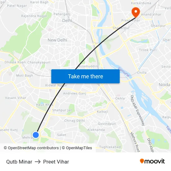 Qutb Minar to Preet Vihar map