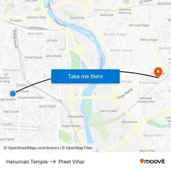 Hanuman Temple to Preet Vihar map