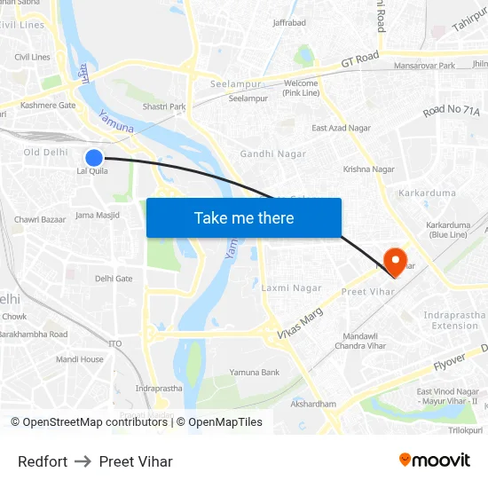 Redfort to Preet Vihar map