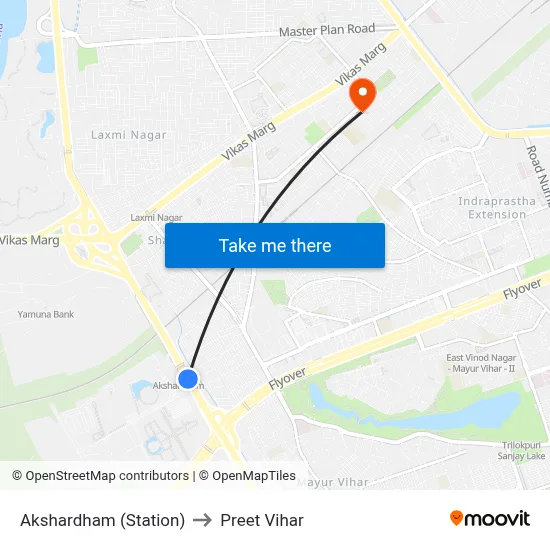 Akshardham (Station) to Preet Vihar map