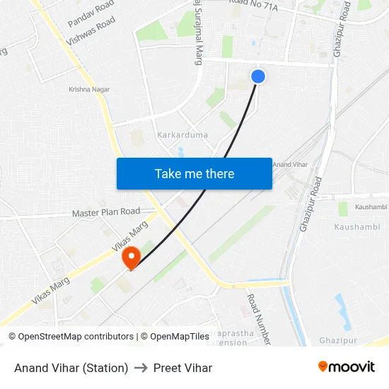 Anand Vihar (Station) to Preet Vihar map