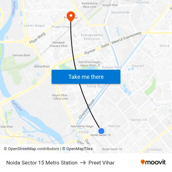 Noida Sector 15 Metro Station to Preet Vihar map