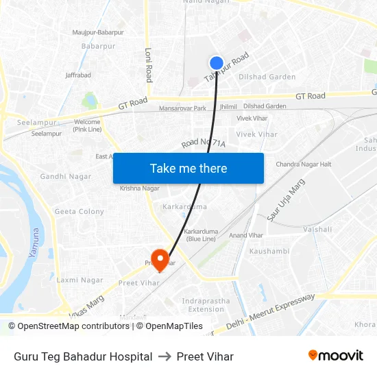 Guru Teg Bahadur Hospital to Preet Vihar map