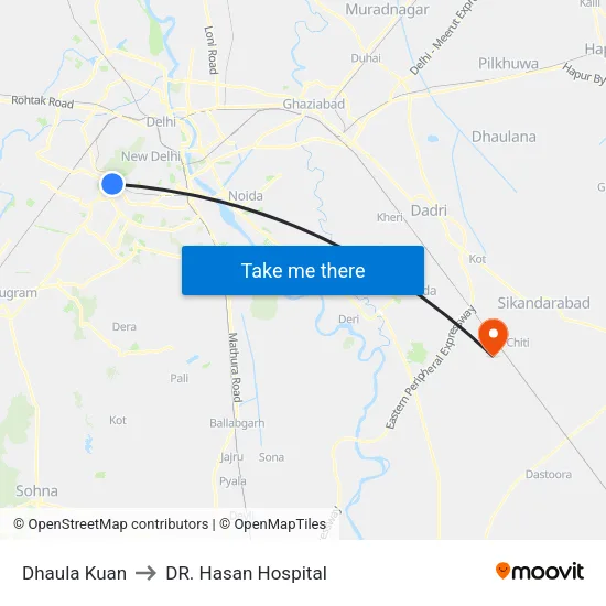 Dhaula Kuan to DR. Hasan Hospital map