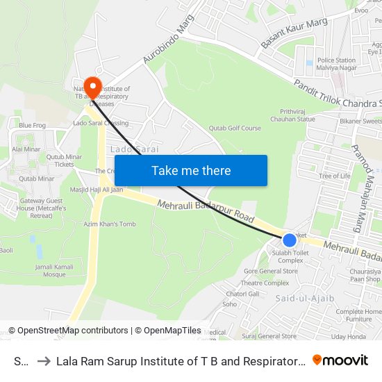 Saket to Lala Ram Sarup Institute of T B and Respiratory Diseases (LRS Institute of T B) map